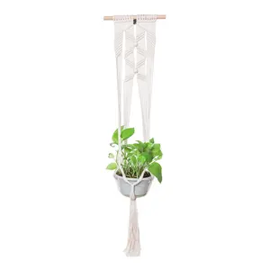 THY COLLECTIBLES Vintage 4-Leg Beaded Creamy White Hand-Weaved Cotton Rope Macrame Hanging Plant Holder, Multiple Lengths, Indoor-Outdoor Hanging Planter Basket