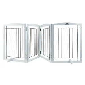 VEVOR Free Standing Dog Gate,  32" H x 96.5" W Freestanding Pet Gate, 4 Panels Foldable Dog Gate for Wide and Narrow Passageways, Expandable Dog Barrier with Silent Foot Support for Indoor, White