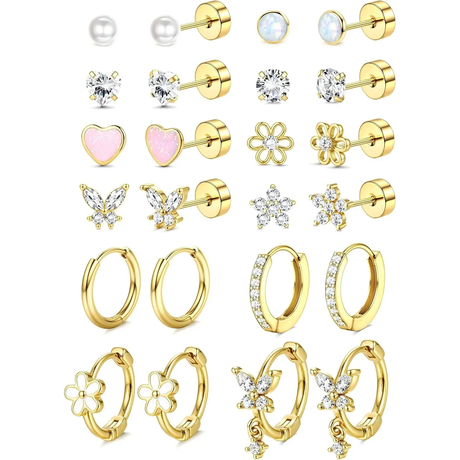 Trendy Ultimate Curated Ear Stack Set Hypoallergenic Flat Back Earrings 14K Gold Plated Surgical Steel Small Cartilage Studs and Hoops  for Women Flatbackearrings