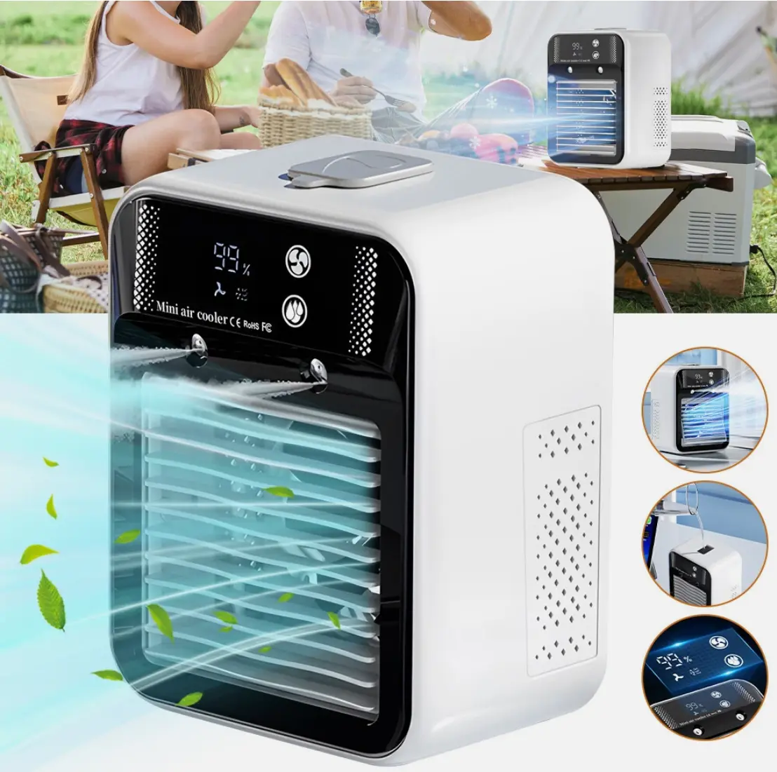 Personal Desktop Air Cooler Fan USB Portable Mini Air Conditioner with Humidifier 3 in 1 Cooling Fan for Office Desk Bedroom Dorm Room Study Room Use Adjustable Cable Ice Mist Fan Energy Saving Fan
