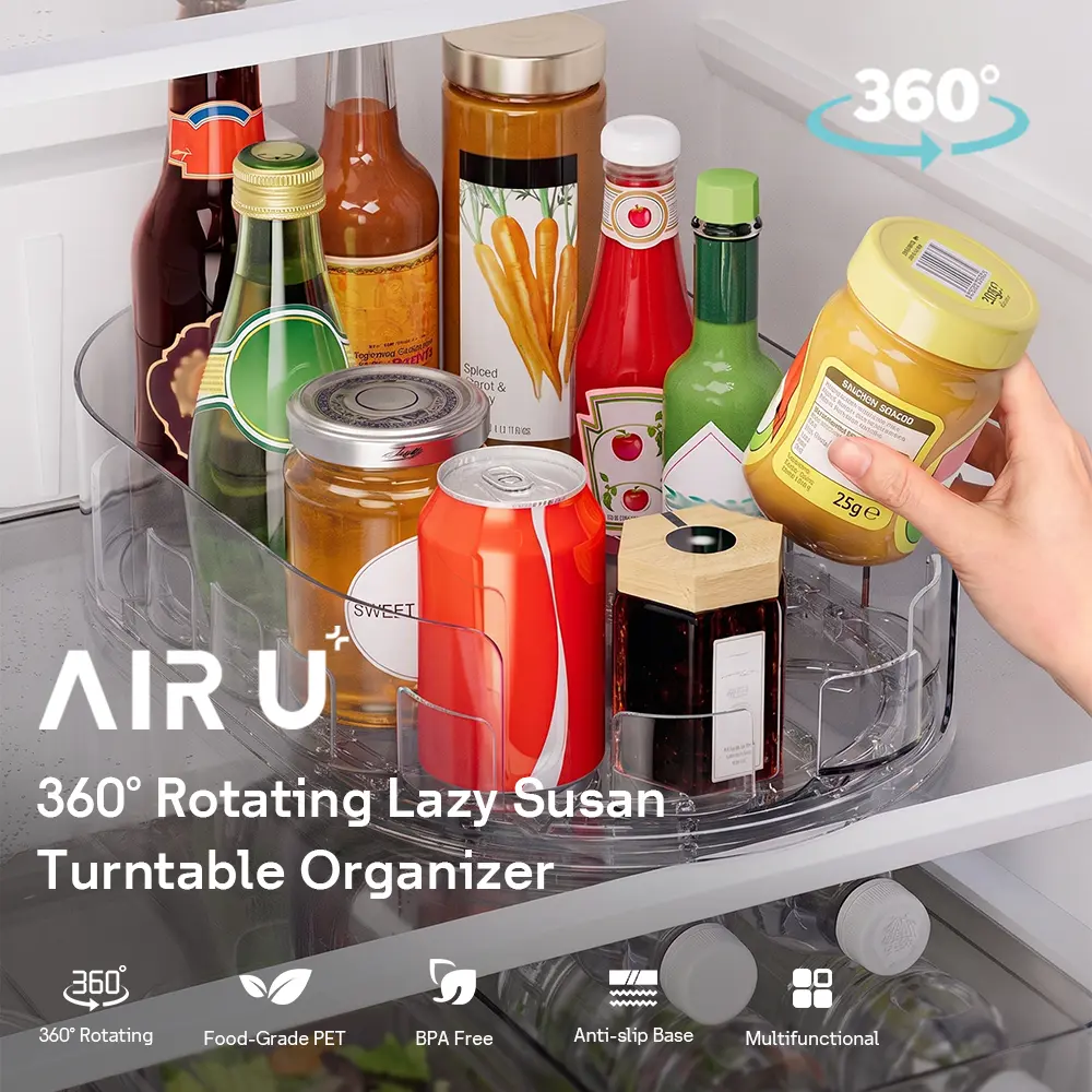 AIR U 360° Rotating Lazy Susan Turntable Organizer for Cabinet, Pantry and Kitchen Storage, Condiment Spice Sauce Bottle Jar Organizer for Fridge Countertop Table Top, Clear 1 Pack