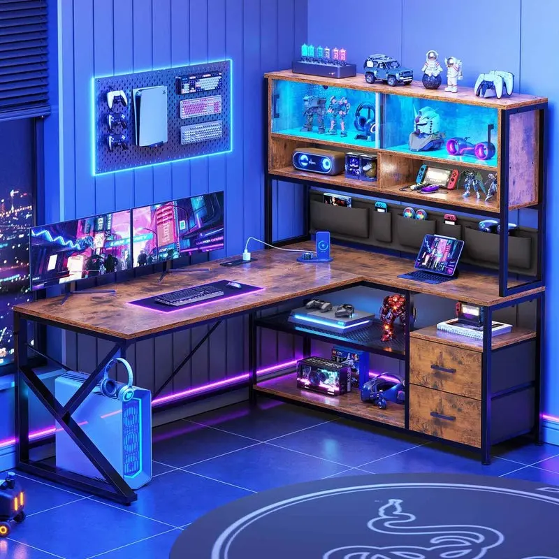 [SummerSale] Sikaic L-Shaped Computer Desk with Drawers & Bookshelf, Home Office Gaming Desk with LED Light, Glass Cabinet, Storage Bag & Shelves, Corner Desk, Rustic Brown Multi Functional Desk, Home Furniture, Dorm Essentials