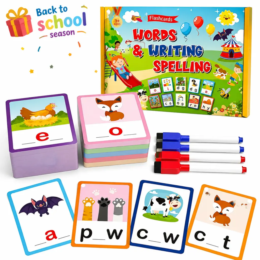 Montessori Unisex Reusable Dry Erase CVC Words Flash Cards Set - Markers Included, Preschool Phonics, Reading Spelling Practice - Educational Learning Toy for 3+ Years Kids