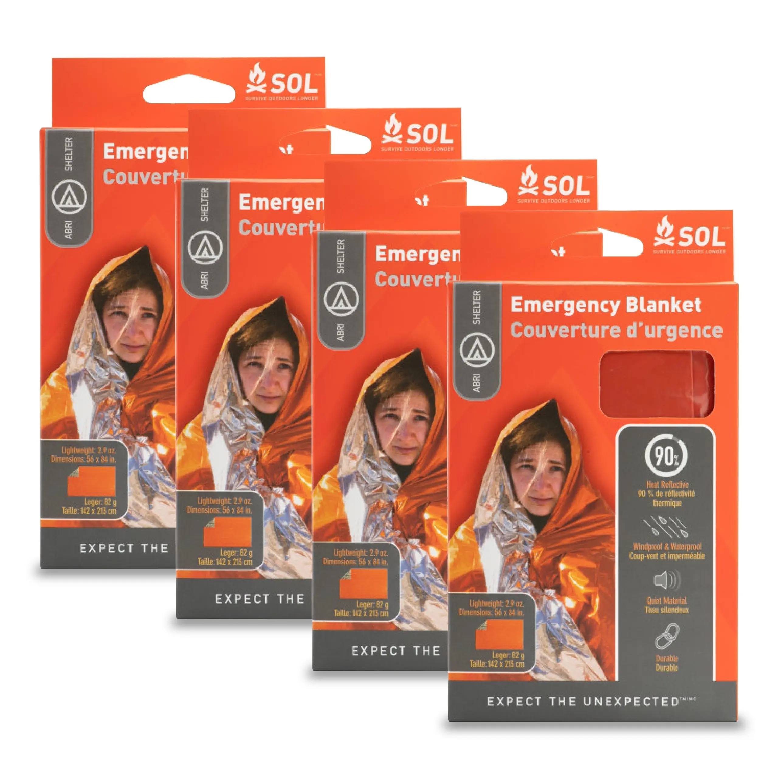 S.O.L. Survive Outdoors Longer 90% Heat Reflective 4-Pack Blanket - Waterproof, Windproof, Orange Survival Supplies for Emergency Survival Kits, Home Safety, Emergency Survival Supplies