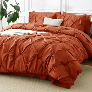 Queen Comforter Burnt Orange, 7 Pintuck A Bag Premium Terracotta Comforter Queen Size, Pinch Pleat Sets with Comforter,, Pillowcases  Shams