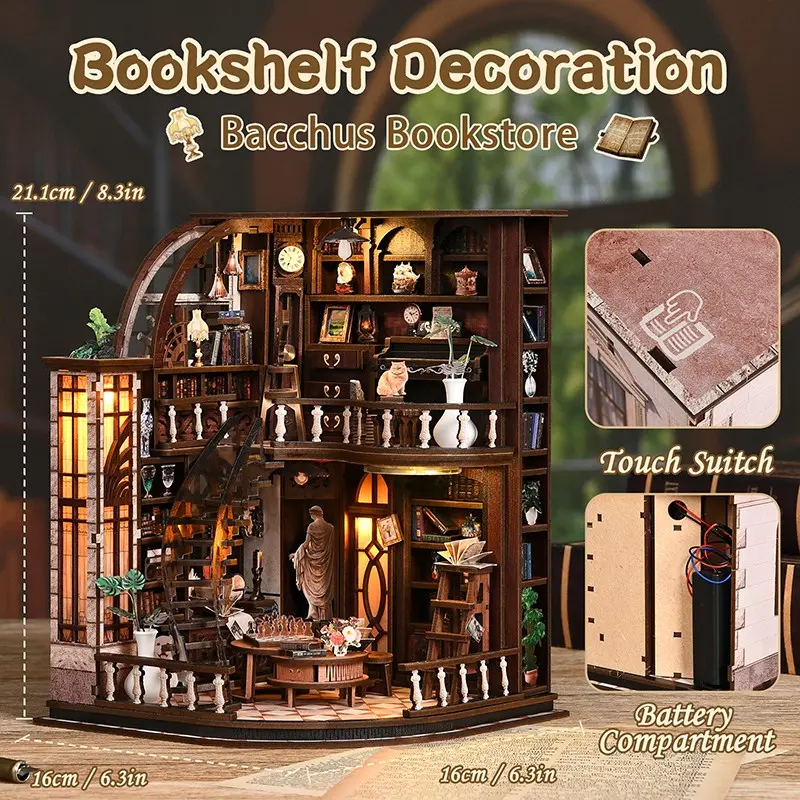 DIY Wooden Model Kit, Handicraft, Wood Design, Retro Style Bookshelf Scene, Creative Gift for Ages 14+, Includes English Instructions, Home Decor & Collection