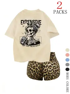 Women's Two-Piece Set Short Sleeve Top & Leopard Shorts, Oversized Breathable Fabric, High Waist Elastic Material, Casual Style