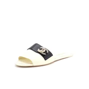 Pre-owned Chanel Women's Embellished CC Slide Sandals Leather with Crystals and Faux Pearls by Rebag