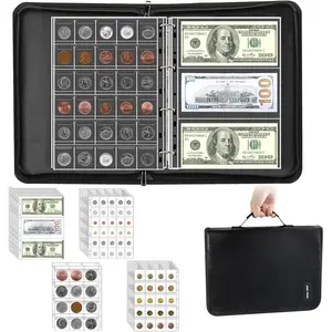 410 Pockets Fireproof Coin Collection Book Holder Organizer 36 Sleeves Album Storage Case for Coin Currency Bill Pennies Cash Collectors Black