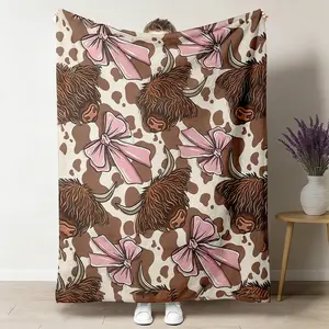 Cute Animal Highland Cow Flannel Throw Blanket, Flannel Texture, Cartoon Print with Pink Bow, Breathable Soft All-Seasons Multi-Size Travel-Friendly Blanket for Home, Gifts