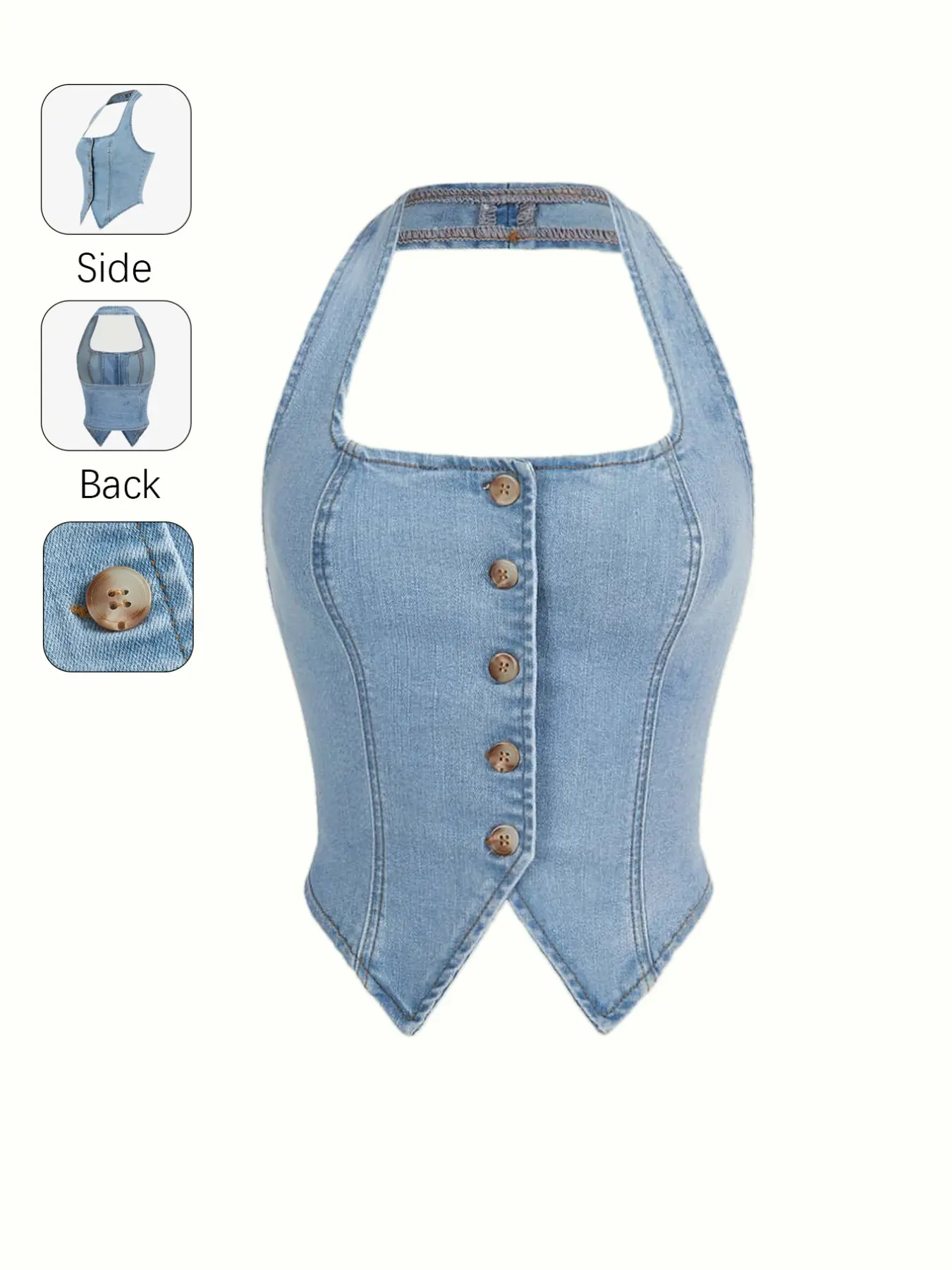 Women's Elegant Chic Fit Light Wash Denim Halter Neck Top, Front Button Waist Cinch Ruched Back Tank, Light Blue Short Sleeveless Casual Fabric