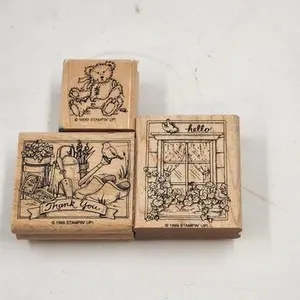 3 Wood Rubber Stamps Greeting Theme Bear Thank you Hello Stampin' Up! 1999