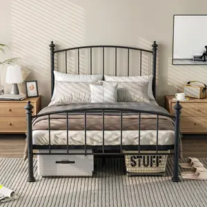 High Bed Frame Full Size Metal Platform Bed Frame, Victorian Wrought Iron-Art Design, Mattress Foundation with Headboard & Footboard, Under Bed Storage, No Box Spring Needed, Black Sturdy