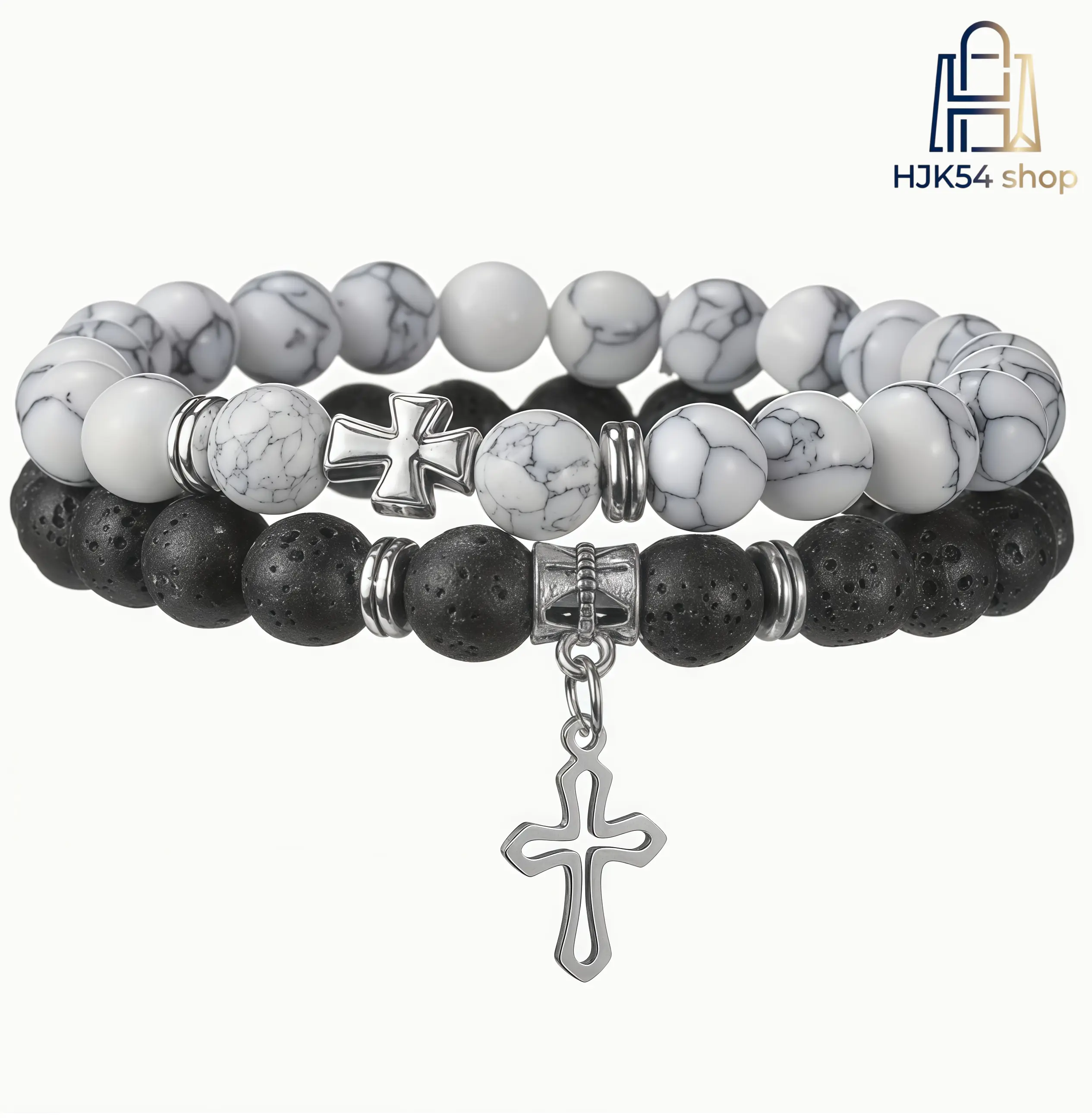 Unisex 2-Piece Religious Cross Bracelet Combo, Black and White Howlite & Lava Rock Beaded Stretch Faith Jewelry, Spiritual Wear for Daily Use, Gift for Boyfriend, Symbolizes Spiritual Beliefs, Black And White Beaded Stretch Bracelets, Cross Charm, Beads,,