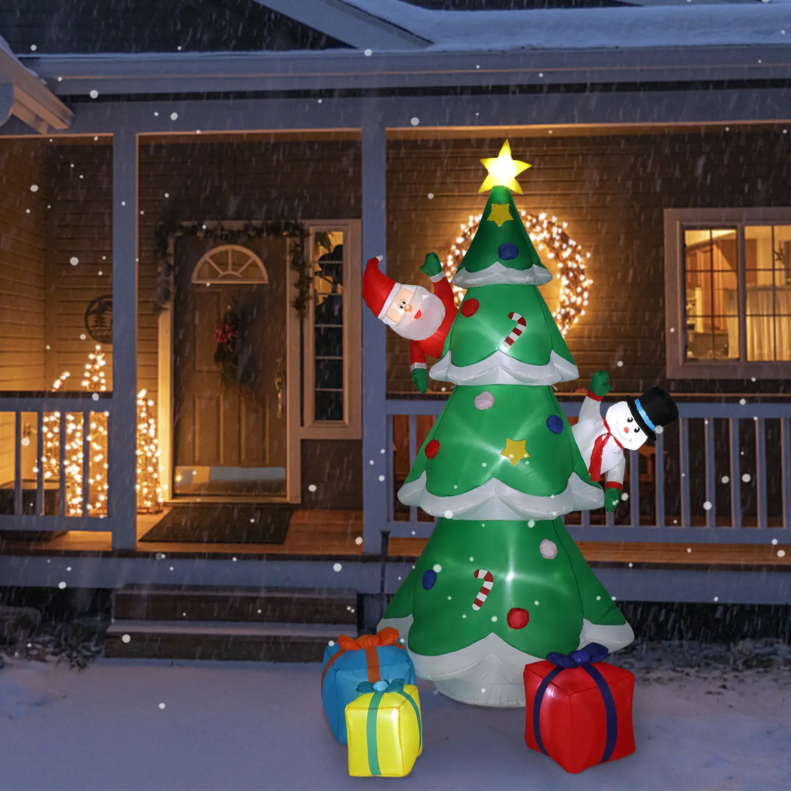 Ubesgoo 8FT Plastic Inflatable Christmas Tree Yard Decoration with Santa & Snowman, 3 Gift Boxes, 8 LED Strings, 12V 1500mA US Plug