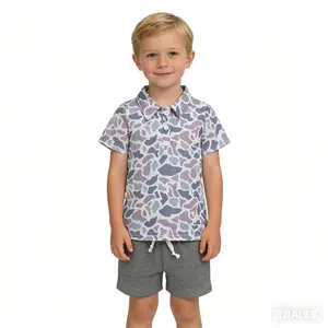 Boys Kids Trendy Grey Old School Camouflage Short Sleeve Buttons Pullovers Tops Soft Stretchy Shorts Kids Casual Outfits