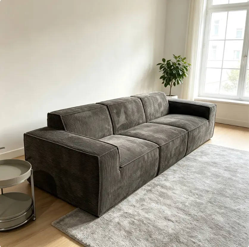 Dark grey corduroy modular block sofa with wide square armrests and deep oversized seats. Vertical ribbed textured fabric brings rich texture. Minimalist low-profile silhouette, flexible combination design for modern luxury living room decor.