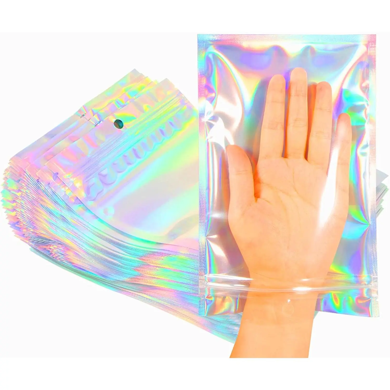 50/100 Pack Holographic Resealable Plastic Bags - Rainbow Foil Pouches, Reusable, Smell-Proof, Waterproof for Snack Storage, Creative Gift Packaging, Build Your Own Party Bags & Package, Gift Wrapping Supplies