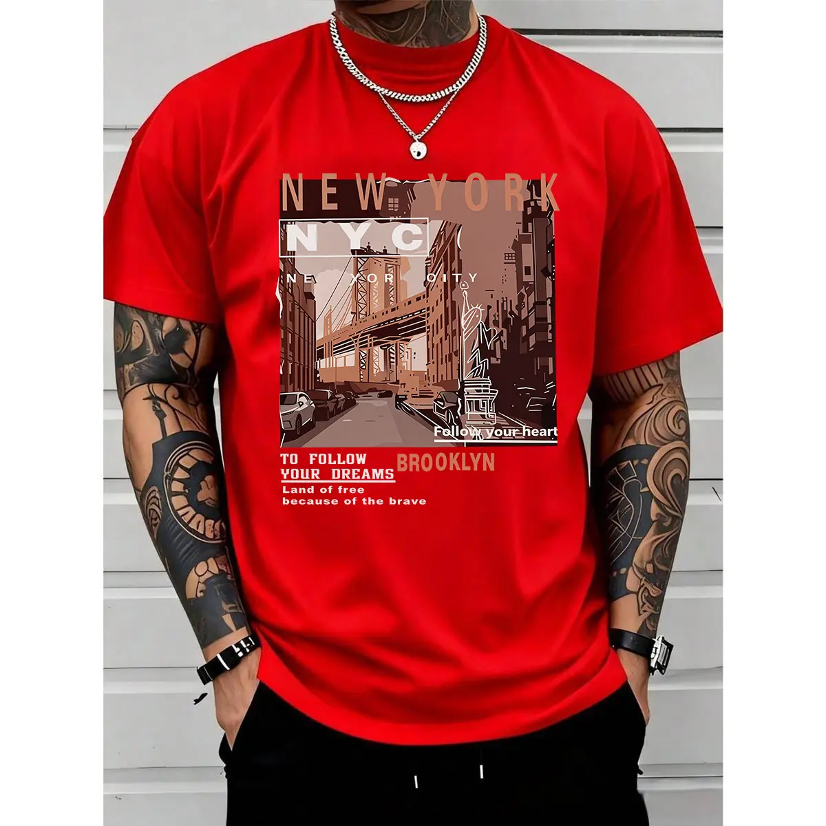 Men's Graphic T-Shirt with Retro Brooklyn Print, Casual Streetwear Regular Fit Short Sleeve in a Stretch Cotton Blend Fabric LK00007TD