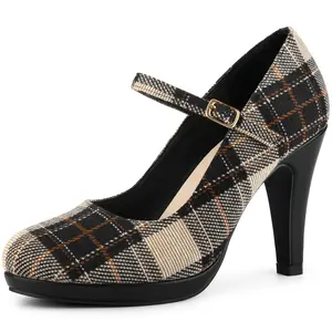 BLISSFUL STEP Houndstooth Platform Stiletto Heels Mary Janes Pumps Black Brown