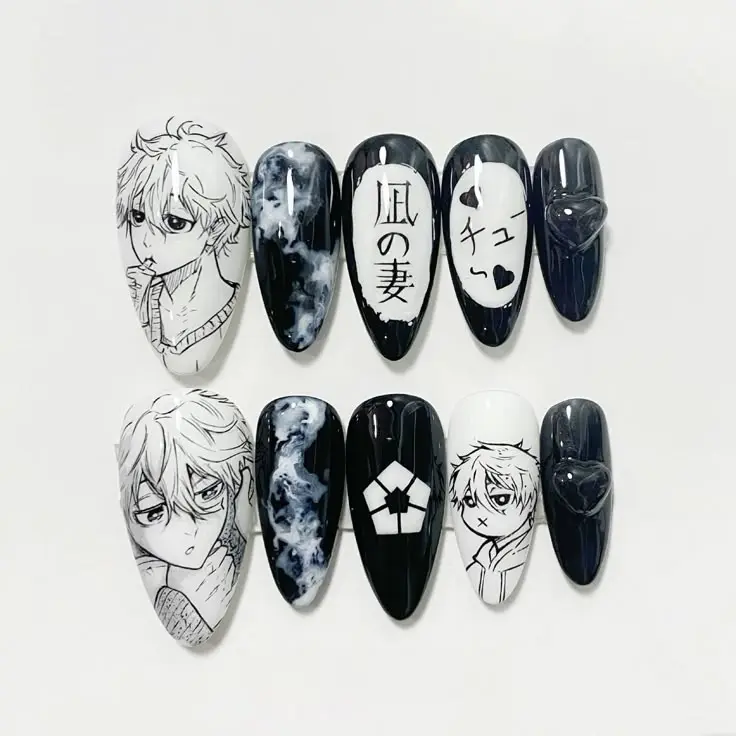 Nagi Seishiro Inspired Press On Nails | Handmade Anime Monochrome Black White Nail Art | Reusable False Nails with Nail Kit | Free Adhesive Tabs Nail File & Cuticle Stick
