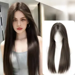 Lotfon Women's glue-free synthetic wigs, cool brown long straight hair, adjustable head circumference, scalp simulation at the top, natural and realistic, easy to wear, ready-to-wear, instantly transform into a fashionable and beautiful girl