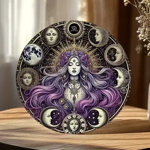 1pc Hecate Witchcraft Themed Metal Wall Art Sign - 7. 87 x 7. 87 Inch Aluminum Mystical Moon Phases & Celestial Design with Pine Branches & Red Berries, Durable Reusable Decor for Home, Kitchen, Bedroom, Garden, Office - Easy to Hang, Witch Decor, Home De