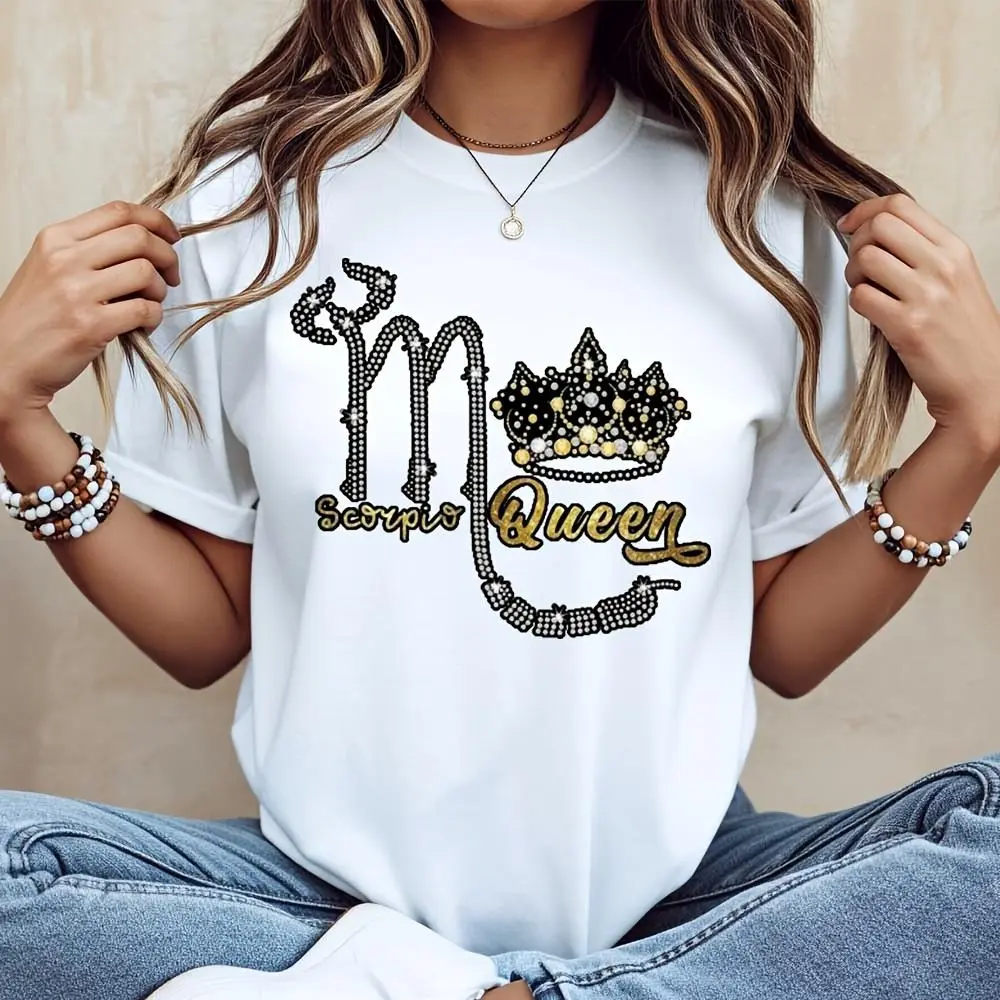 Scorpio Queen Rhinestone Crown Graphic, T-Shirt, Zodiac Astrology Birthday Gift, Casual Daily Wear Party Outfit