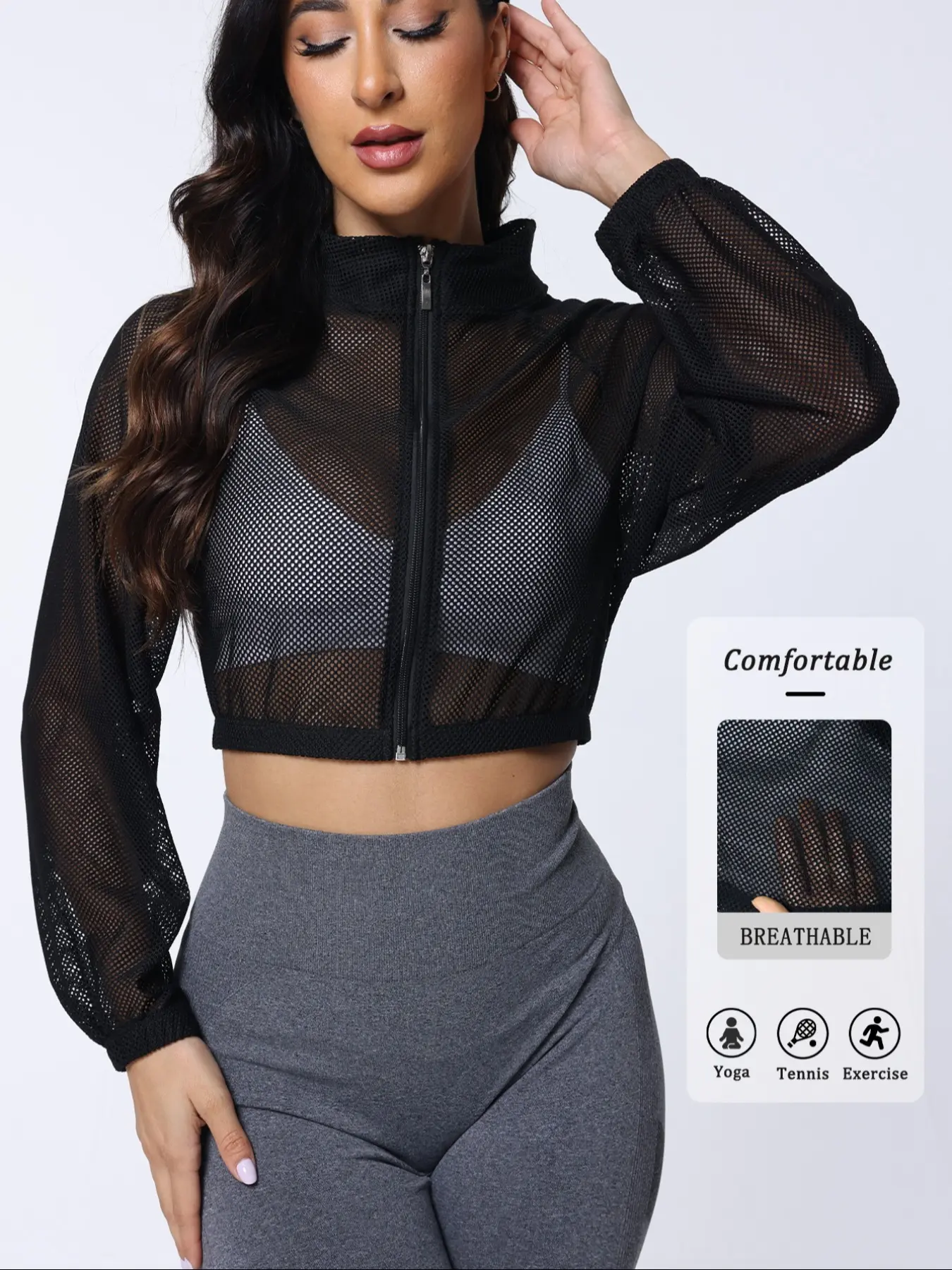 Women's Sport Yoga Mesh Jacket, Breathable Slimming Thin Outerwear, Workout Jackets, Outdoor Running Fitness Training Sun Protection Coat, Yoga Essential Jacket