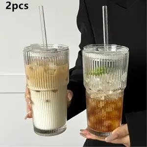 Glass Coffee Cup Set with Lid and Straw, 550ML-600ML, Reusable Glass Mug, Suitable for Home Office Travel, Modern Glassware