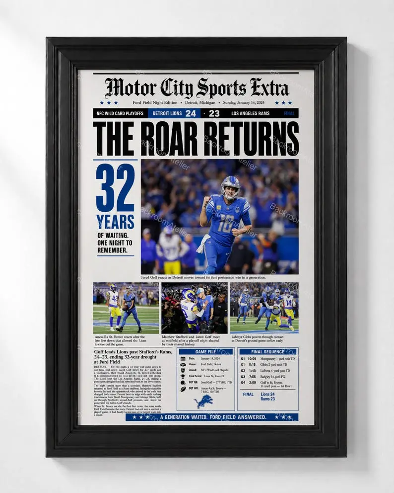 2024 Detroit Lions Wild Card Playoff Newspaper Print Poster - Jared Goff vs Rams Game Sports Theme Paper Surface Wall Art, Multi-Size Home Decor Decoration for Room Sports Fans