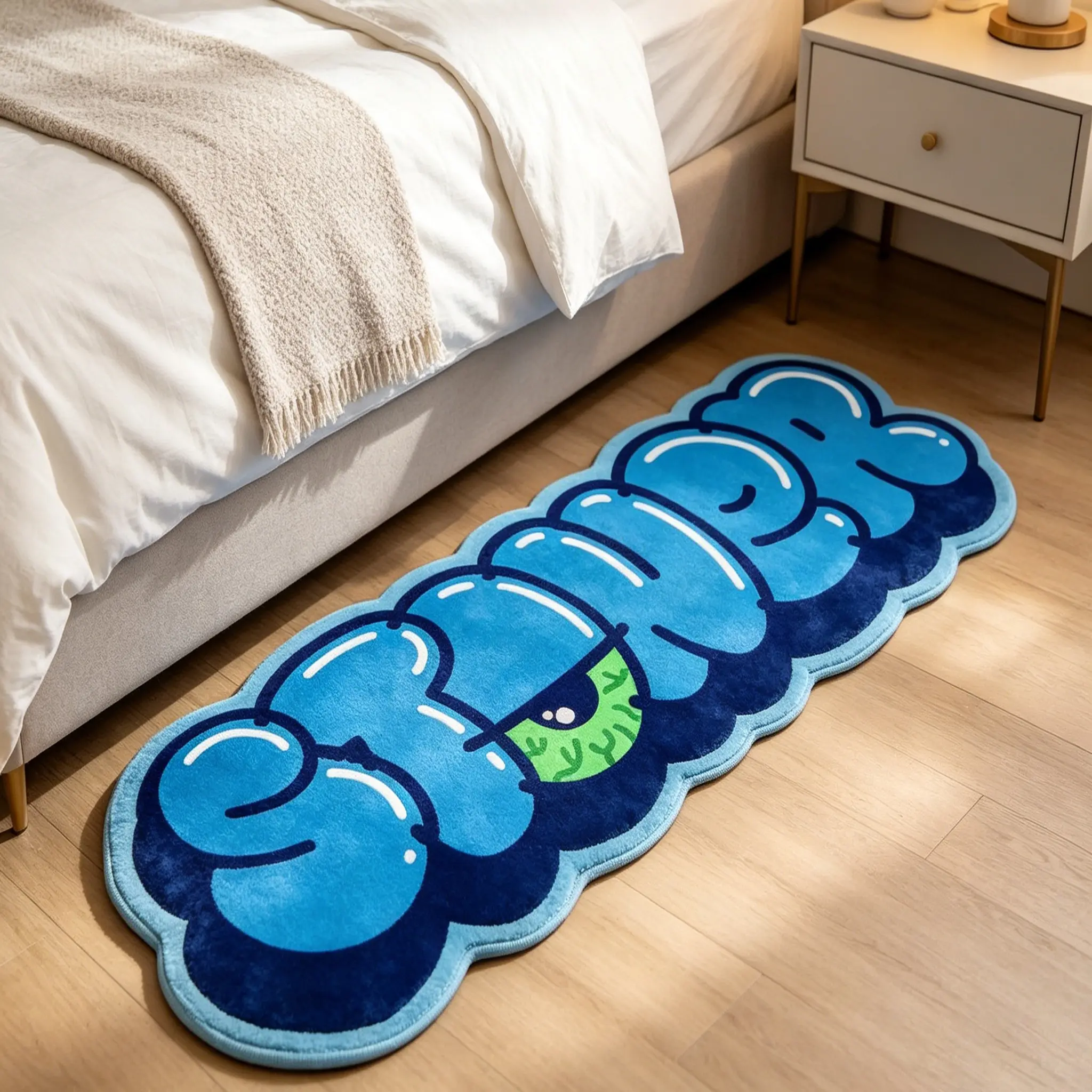 Blue Street Style Graffiti Bubble Letter Bedside Mat, Unique Cartoon Eye Rug, Soft Comfortable, Cozy Area Rug, Hand Wash Only, Indoor Decor, Home Decor Mat, Cartoon Pattern Rug, Decorative Rug Mat