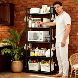 Multi-Tiered Tall Standing Storage Rack - Versatile Organizer for Kitchen, Bathroom, Study Room & More - Durable Black Plastic with 3 Shelves & 1 Tiered Basket - Space-Saving Solution for Home Essentials, Bathroom Organizers And Storage