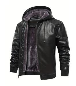 INVACHI Men's Faux Leather Jacket Warm Fleece Lined Thick Coat with Hood Waterproof PU Motorcycle Jackets Long Sleeve Casual Beige Makapal