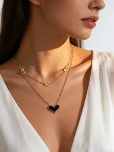 Titanium Steel Heart Necklace for Women, Elegant Layered Design, Sparkling Rhinestones, Perfect for Parties and Daily Wear