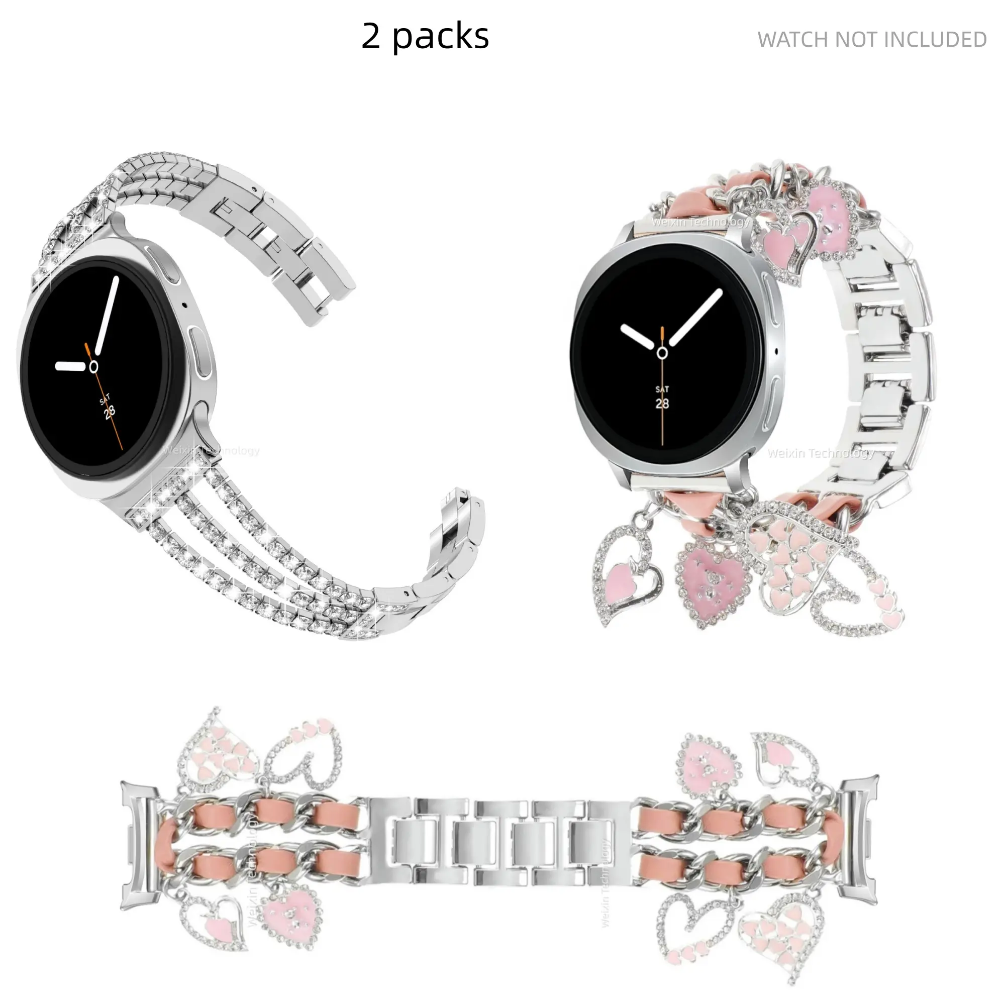 2 Pack, Smartwatch Accessories, Wearable Accessories, Cuban Chain Pendant Sparkling Diamond Chain Bracelet for Samsung Galaxy watch8/8 Classic Strap 40mm 44mm - Galaxy 8 Women's Jewelry Strap Sparkling Diamond Chain Strap Dress Watch Straps