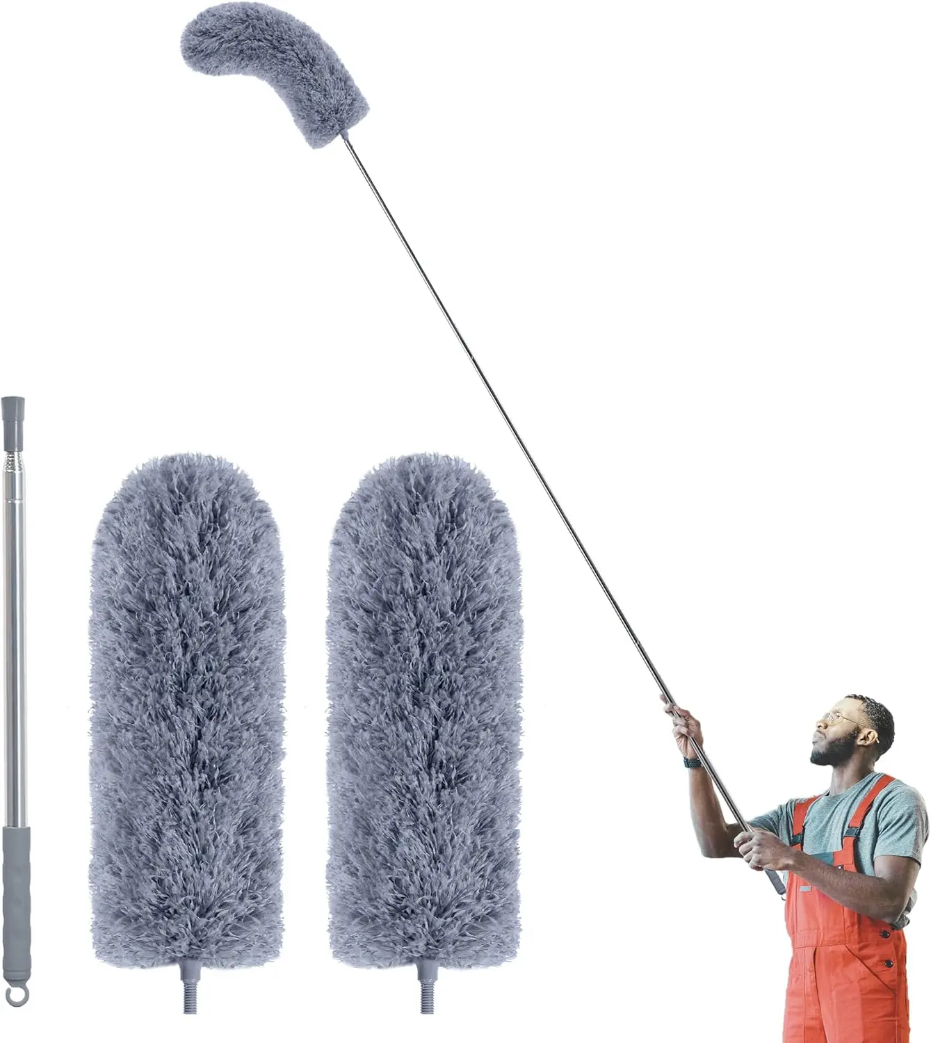 Feather Duster with Adjustable Metal Pole, 100-in High Ceiling Duster with Washable Head, Lightweight Casual Home Cleaning Tool for Ceiling Fans, Furniture