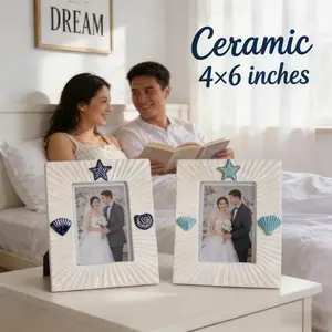 Ceramic seashell photo frame 4x6 inches for Weddinggifts,Vertical arrangement. Suitable for use on the desktop or on the wall. Gift for the bride, friends, family or loved ones.