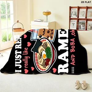 Cute Ramen & Boba Themed Throw Blanket, Single - Sided Printed, Multiple Specifications Available, Perfect for Nap/Relaxation, Soft Cozy Fabric, Adorable Design for Ramen & Boba Lovers