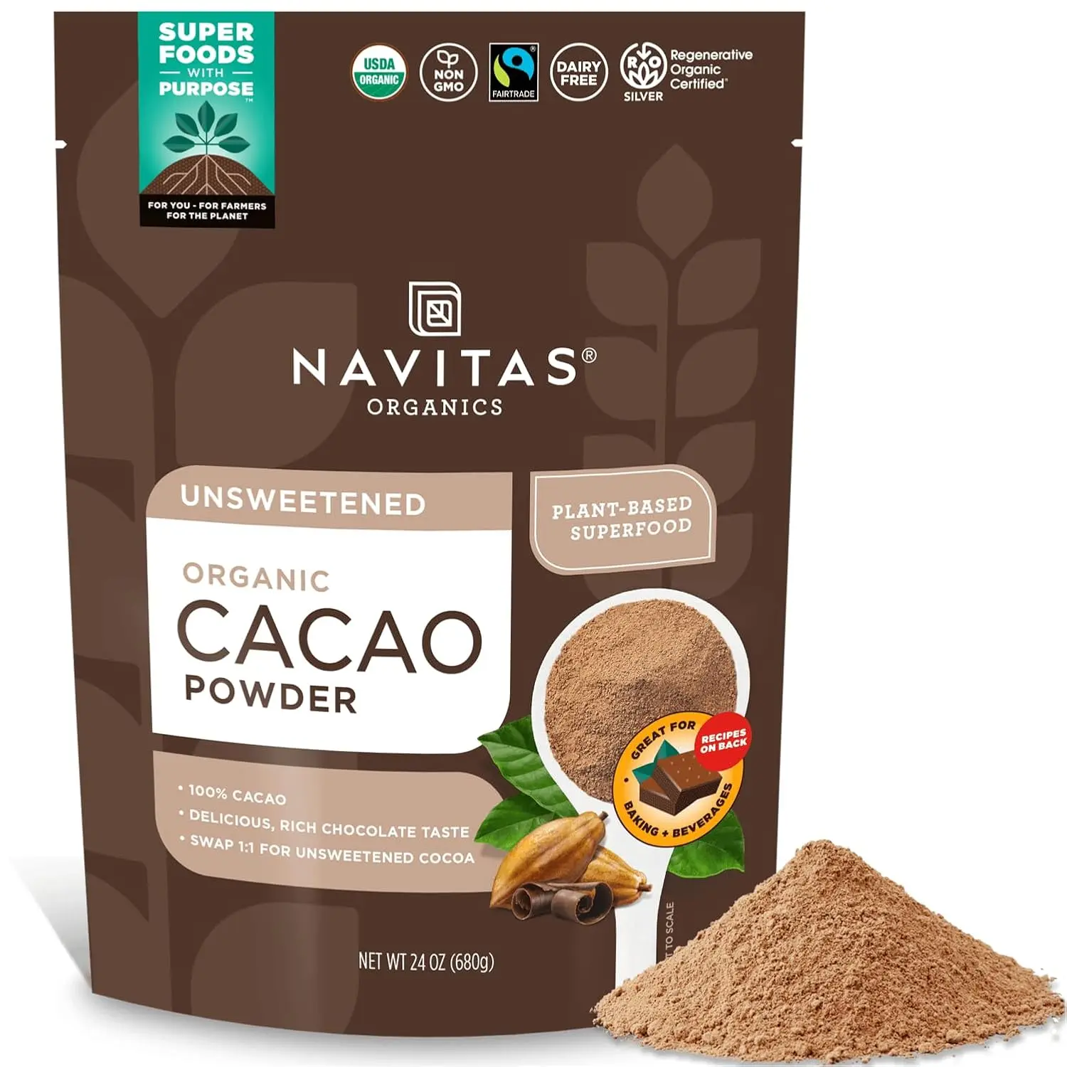 Navitas Organics Cacao Powder - Cocoa Powder Substitute 1:1, For Hot Chocolate, Baking & More - Regenerative Organic Certified, Non GMO, Fairtrade, Gluten Free, Non-alkalized (24oz. Bag, 113 Servings), Beverage, Low-Sugar Cocoa, Hot Cocoa, Sugar-Free Orga