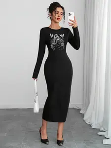 Round neck long sleeve slim fit Fitted printed dress machine washable suitable for casual/formal wear all year round, casual and elegant women's dress