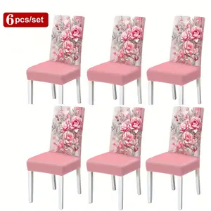[Removable and Washable] 2/4/6pcs Pink Floral Printed Chair Covers Removable and Washable Chair Protectors for Kitchen Dining Room Parties Offices Banquet Halls and Home Decor