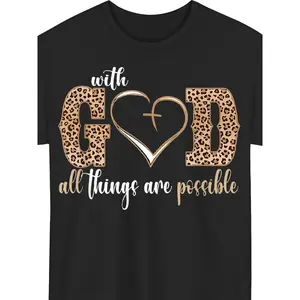 Women's Faith T-shirt, Printed with the Bible Verse "Be Still and Rest in God, for Everything Is Possible." |   Black and Golden Glitter Lettering, Leopard Print and Smooth Hem, Comfortable Round Neck, Short Sleeves, Casual Style, PLUS SIZE