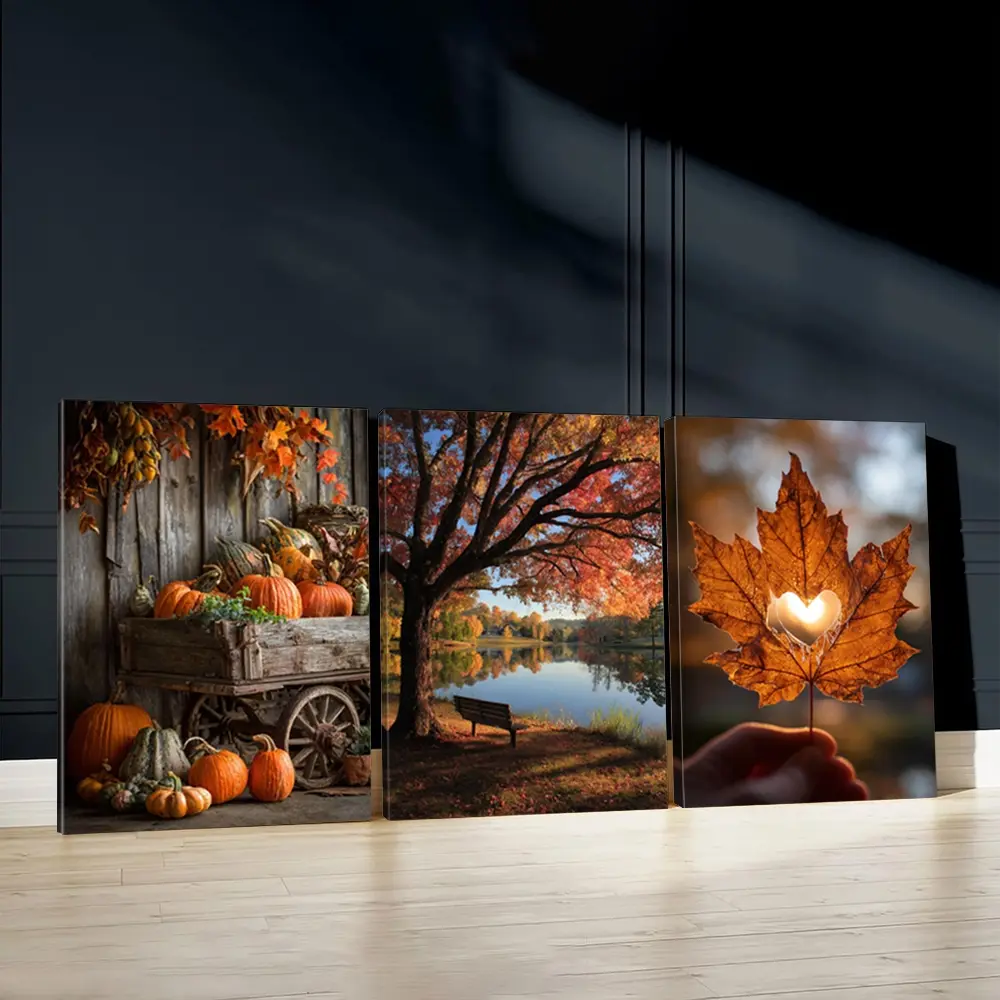 3pcs Autumn Harvest Creative Wall Art, Nature Scenery Poster, Heart Leaf Art Prints, Fall Colors Home Decor, Autumn Wall Paintings, Modern Canvas Posters Wall Arts For Living Room, Restaurant, Kitchen, Bedroom, Housewarming Gift, Wall Decor Pictures