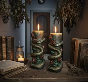Serpent Roses Candle Set, 3D Crowned Deep Blood Red Roses, Underground Green Reptile