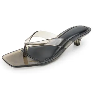 EVELLYHOOTD Women's Jelly Kitten Heel Sandals | Clear PVC Square Toe Thong Mules | Minimalist Slip-On Summer Dress Shoes