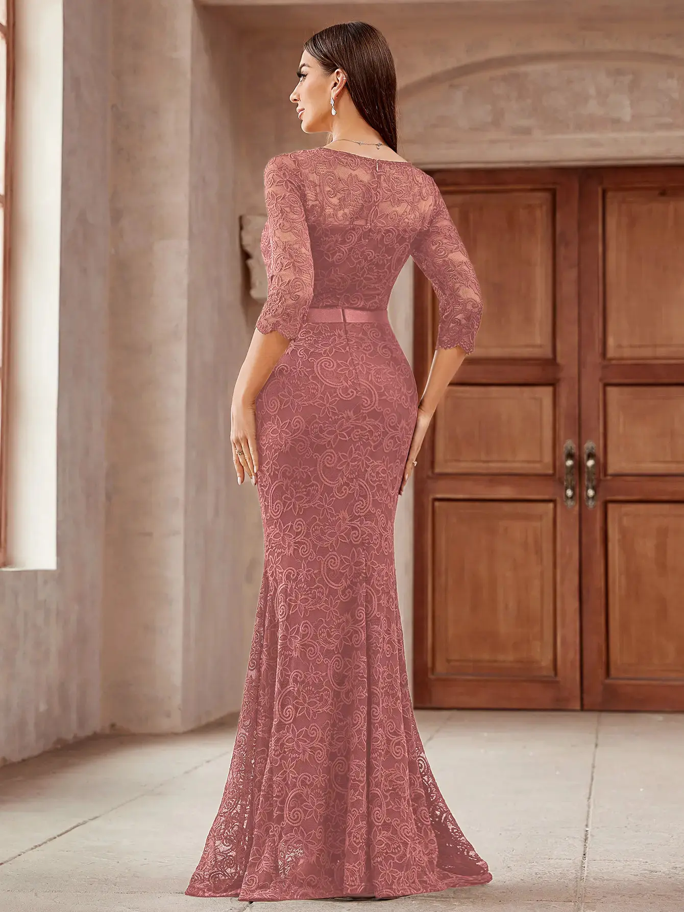 Miusol Women's Elegant Wedding Gown - Classy V-Neck Full Lace 3/4-Sleeve Full-Length Formal Dress, Cinnamon Pink Lace-Trimmed Evening Dress for Summer Weddings, Graduations, Elegant Wedding Dress