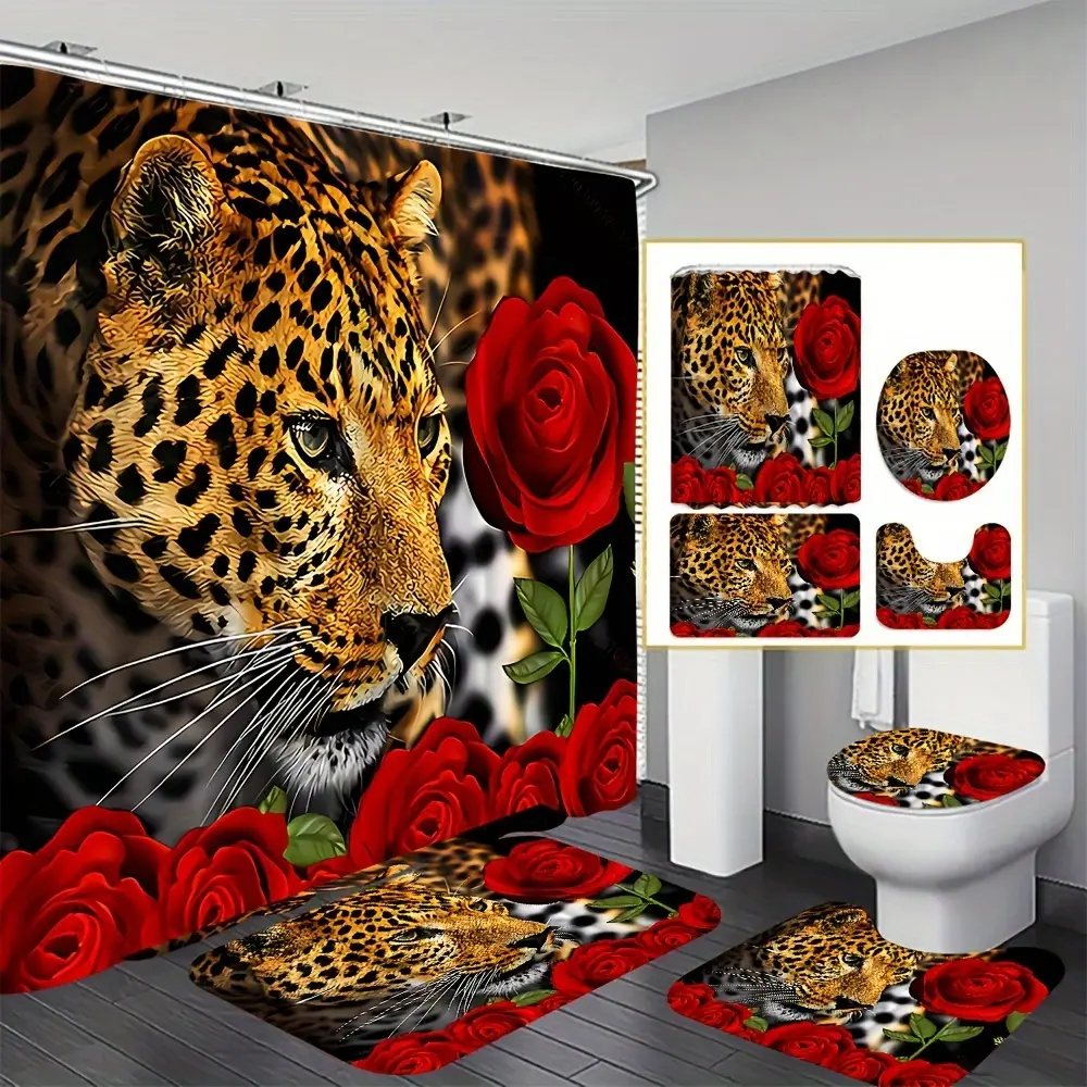 1/4 cheetah rose suit, decorative bathroom set includes shower curtain, non-slip floor mat, toilet cover, bathroom mat and 12 plastic hooks, bathroom accessories and home decoration.