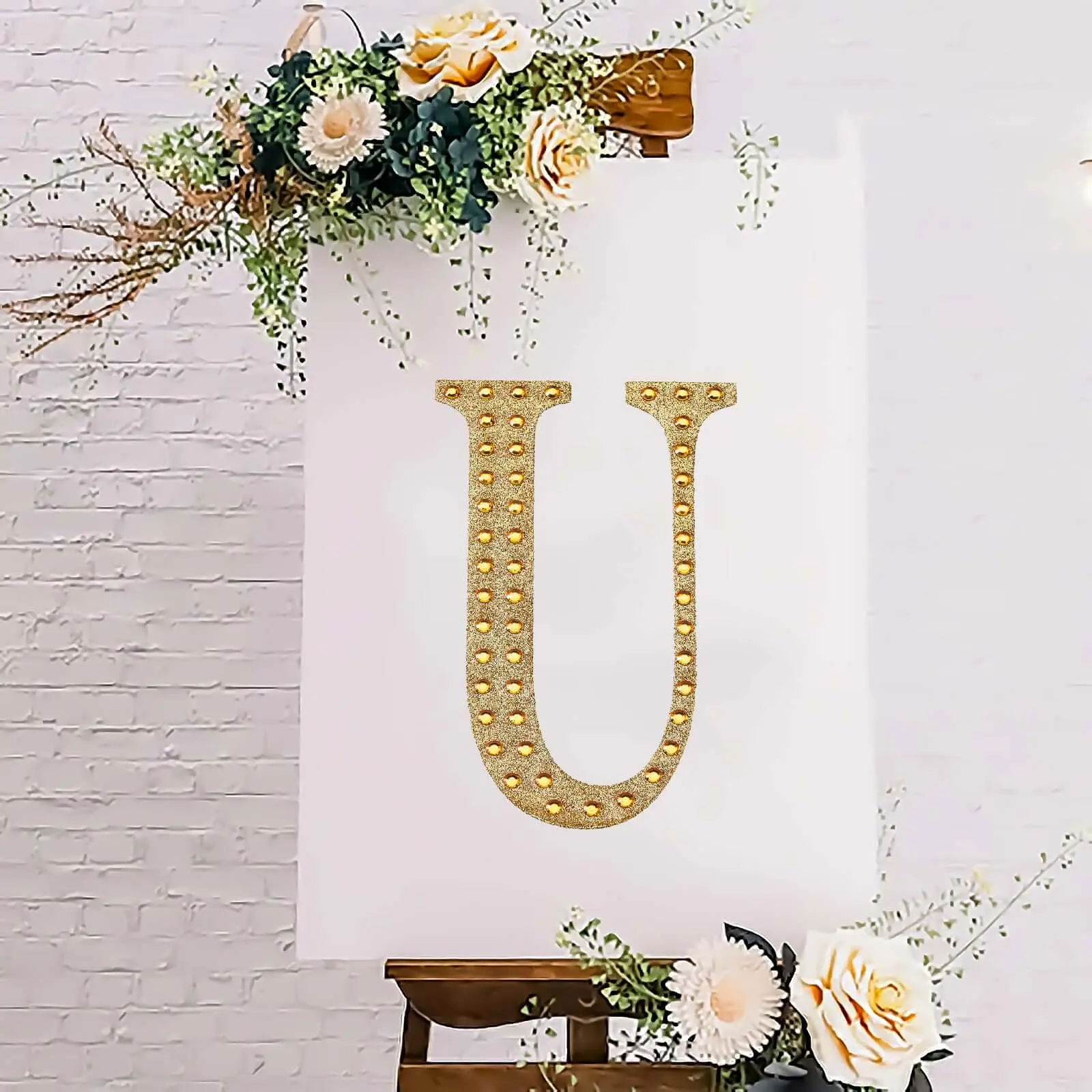 8 in Gold Glitter Decorative Rhinestone Alphabet "U" Letter Self Adhesive Stickers - Decorative Decal for DIY Crafting Embellishments