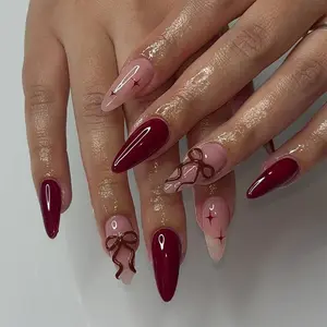 24pcs Clear Nude Nail Art Polish, Rich Wine, Bow Decor, Silver Glitter Stars, Almond Shape, Medium Length
